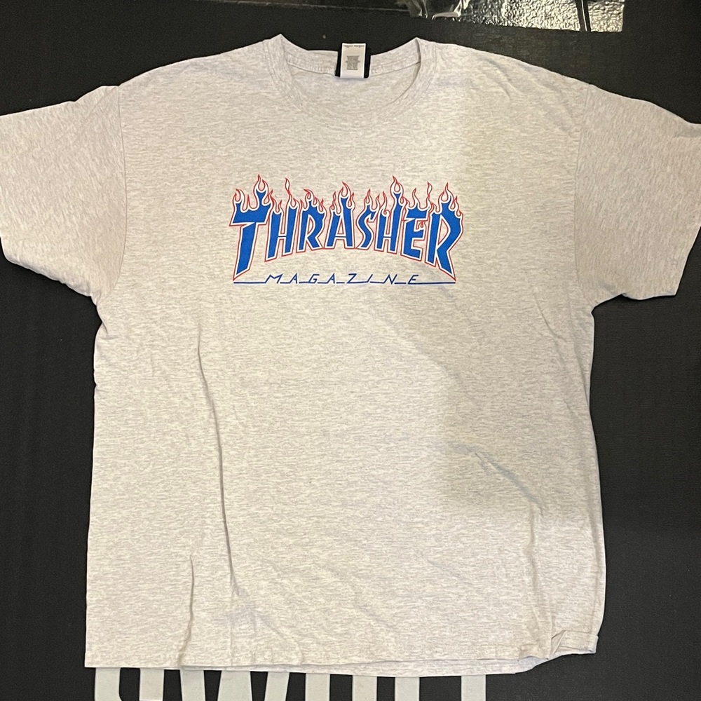 Thrasher Light Gray Tee with Blue and Red Flame Logo